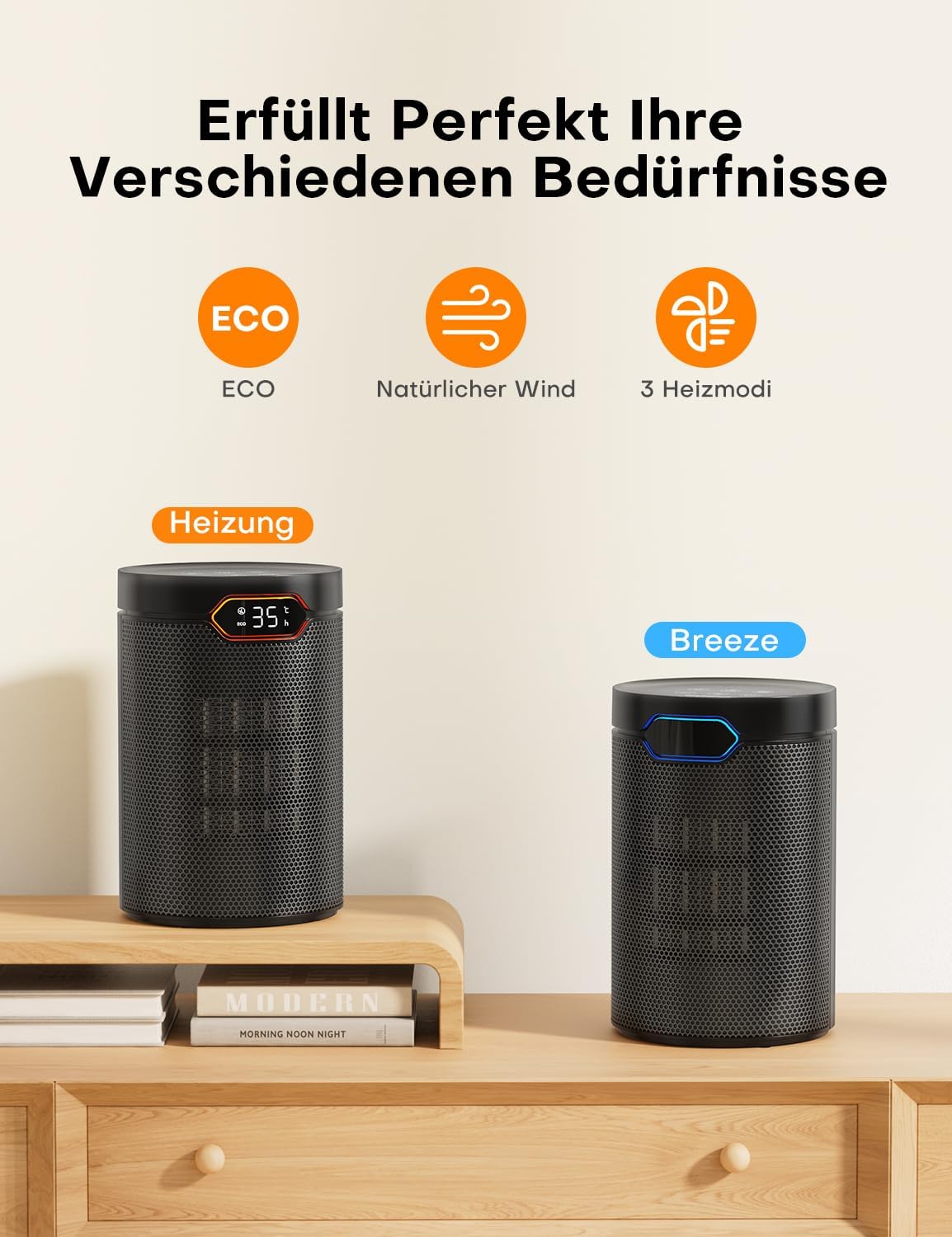 Heizlüfter, 1500W, PTC Heizlüfter Energiesparend mit ECO Modus, 4 Heizmodi, Breeze Modus, Thermostat, 24H Timer, Fernbedienung, Überhitzungs- & Kippschutz, Tragbar & Leise, für Zuhause, Büro