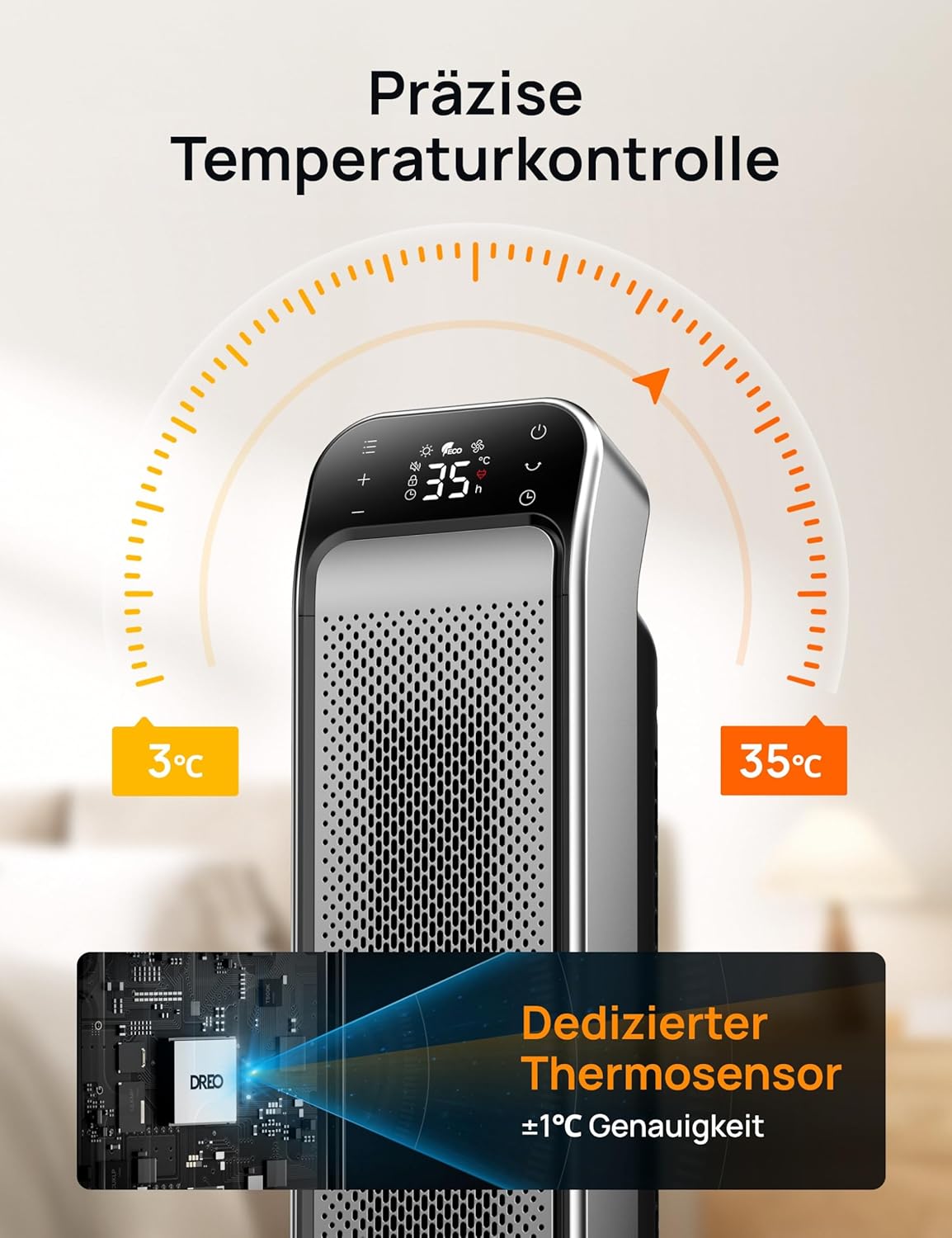 Dreo Heizlüfter Energiesparend Leise, 25 Zoll Keramik Heizung Elektrisch mit Fernbedienung und Thermostat, 2000W Elektroheizung, 3 Modus, 12-Std-Timer, Überhitzungs-Kippschutz, Solaris Max