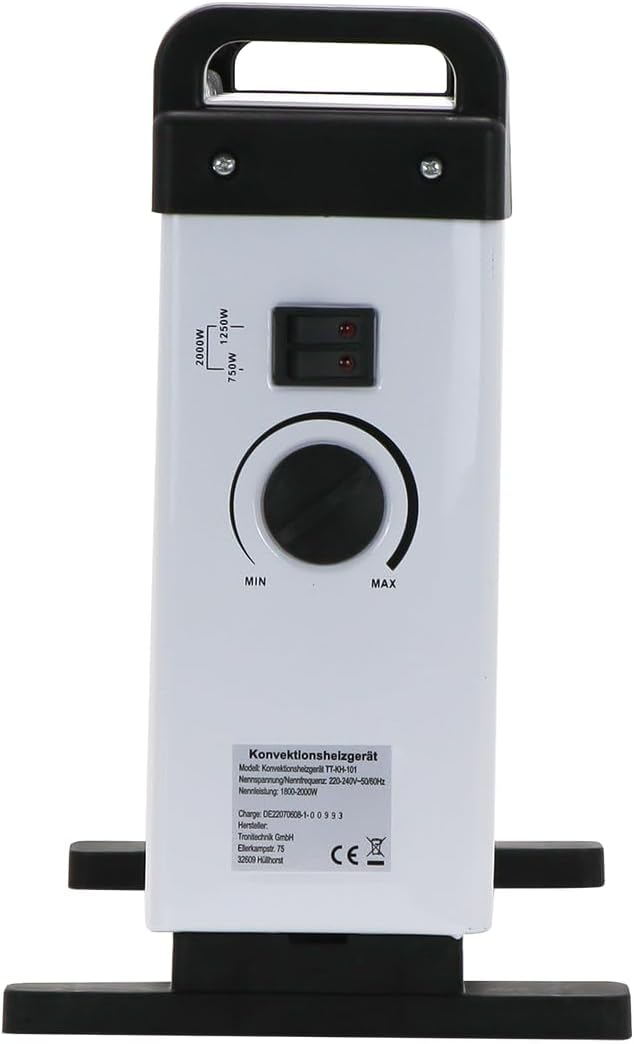 Tronitechnik® Elektroheizer Konvektor Heizgerät Heizkörper mit 3 Leistungsstufen 750/1250/2000 Watt, mobil mit Tragegriff, Timer und Thermostatsteuerung, Überhitzungsschutz, freistehend, weiß