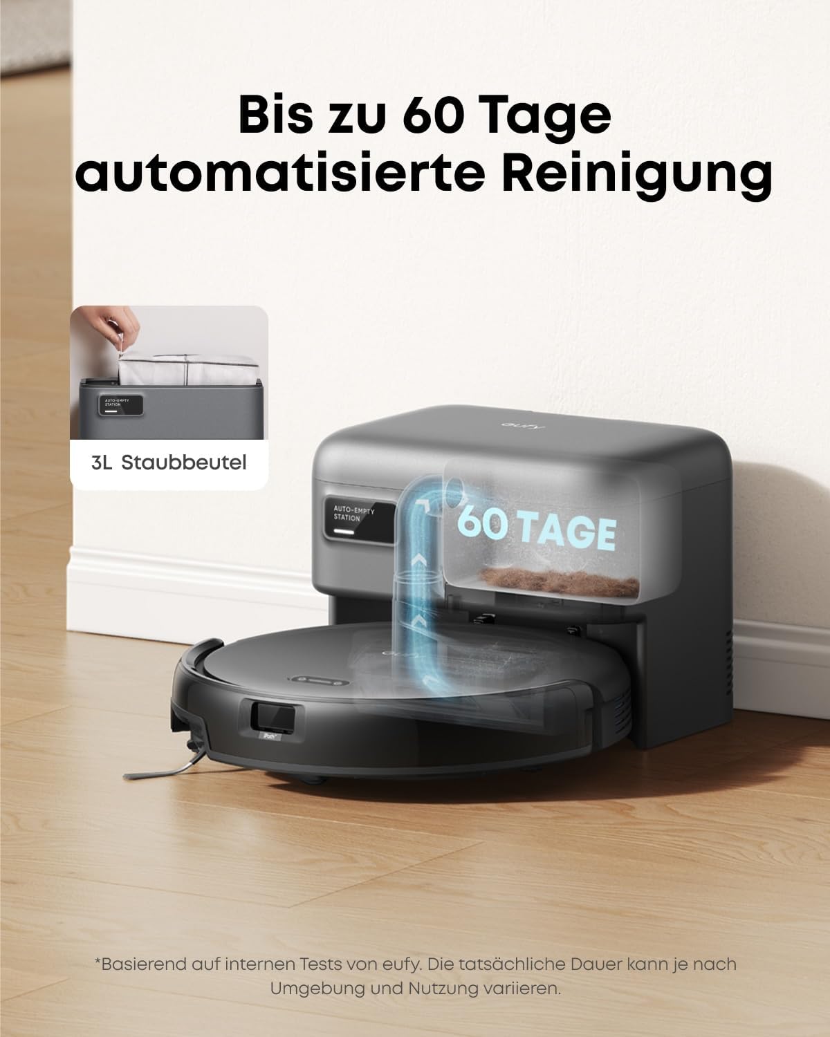 eufy C10 Saugroboter mit Automatischer Absaugstation, 7,3cm Ultraflaches Design, Teppichreinigung, Ausfahrbare Seitenbürste für Ecken, Automatische Entleerung, Punktlaser- & Infrarot-Navigation