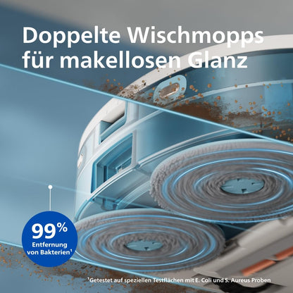 Philips Homerun Serie 2000: 2-in-1 Saug- und Wischroboter, 130 Minuten Laufzeit, Lasernavigation, Teppichboost, Absaugstation, App-gesteuert, Arktikweiß (XU2100/20), Arctic White