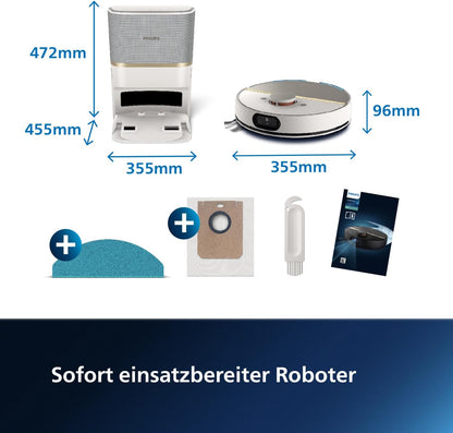Philips Homerun Serie 2000: 2-in-1 Saug- und Wischroboter, 130 Minuten Laufzeit, Lasernavigation, Teppichboost, Absaugstation, App-gesteuert, Arktikweiß (XU2100/20), Arctic White