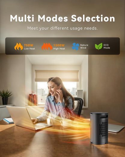 Heizlüfter Energiesparend, 1500W Elektroheizung PTC-Keramik Heizung, 4 Modi Tragbare Heizstrahler mit Thermostat, Überhitzung & Tip Over Schutz, 8H Timer, für Indoor