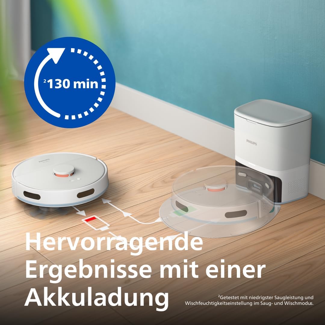 Philips Homerun Serie 2000: 2-in-1 Saug- und Wischroboter, 130 Minuten Laufzeit, Lasernavigation, Teppichboost, Absaugstation, App-gesteuert, Arktikweiß (XU2100/20), Arctic White