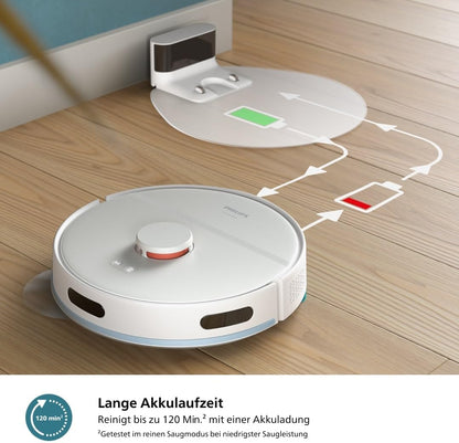 Philips Homerun Serie 2000: 2-in-1 Saug- und Wischroboter, 130 Minuten Laufzeit, Lasernavigation, Teppichboost, Absaugstation, App-gesteuert, Arktikweiß (XU2100/20), Arctic White