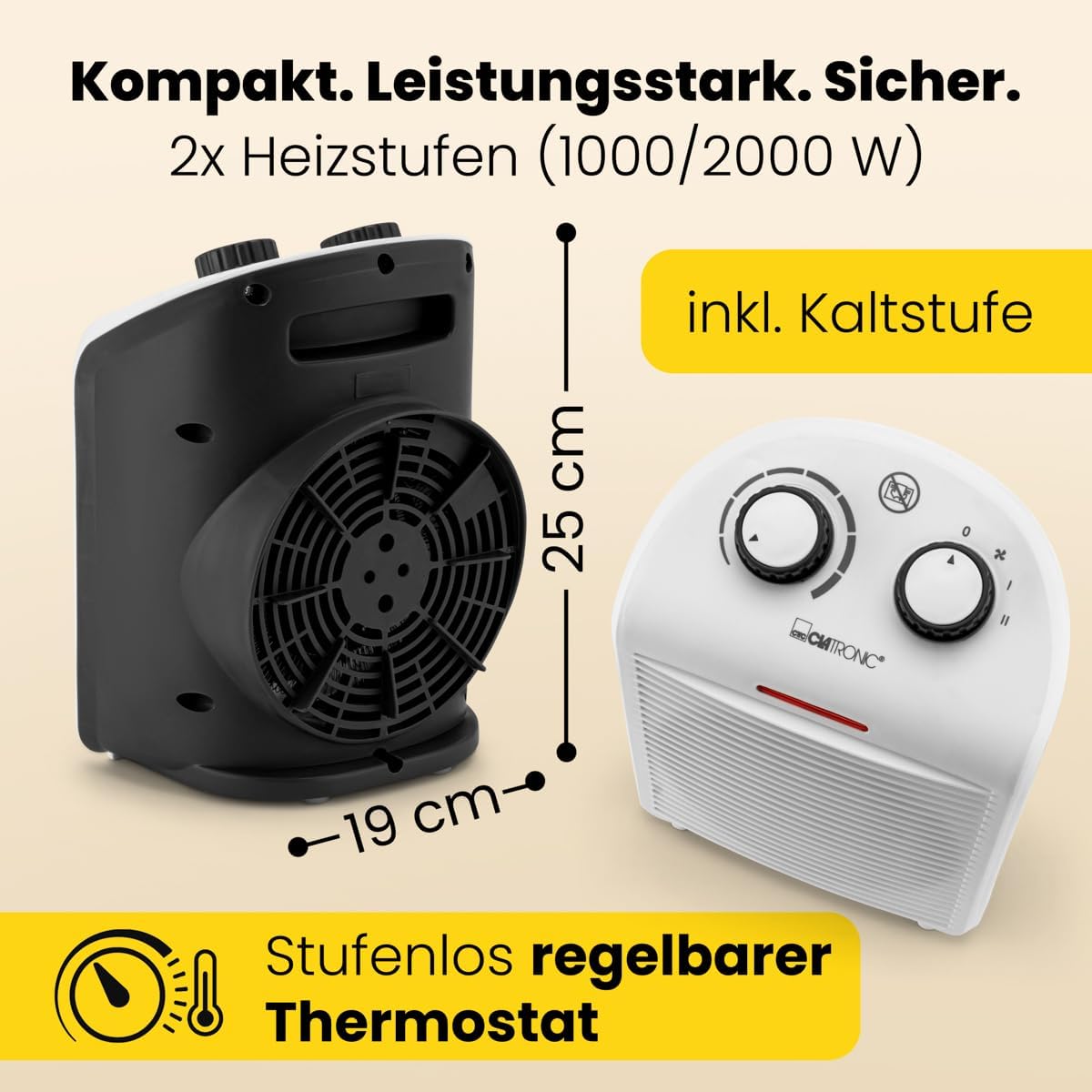 Clatronic HL 3761 263951 Heizlüfter, mobiler & kompakter Heizlüfter, 2 Heizstufen (1000/2000 W), Kaltstufe (Ventilator), stabiler Tragegriff, weiß