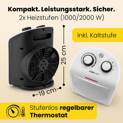 Clatronic HL 3761 263951 Heizlüfter, mobiler & kompakter Heizlüfter, 2 Heizstufen (1000/2000 W), Kaltstufe (Ventilator), stabiler Tragegriff, weiß