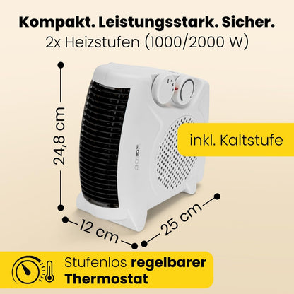 Clatronic HL 3761 263951 Heizlüfter, mobiler & kompakter Heizlüfter, 2 Heizstufen (1000/2000 W), Kaltstufe (Ventilator), stabiler Tragegriff, weiß