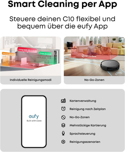 eufy C10 Saugroboter mit Automatischer Absaugstation, 7,3cm Ultraflaches Design, Teppichreinigung, Ausfahrbare Seitenbürste für Ecken, Automatische Entleerung, Punktlaser- & Infrarot-Navigation