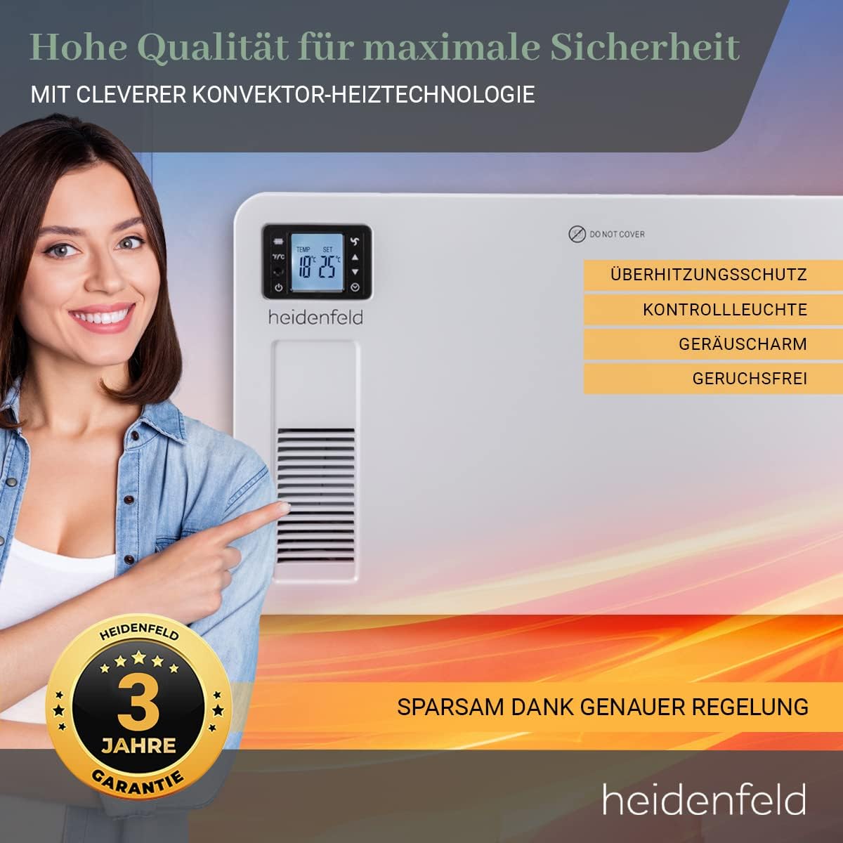 Heidenfeld Konvektor Heizung elektrisch EK100 | 𝟑 𝐉𝐀𝐇𝐑𝐄 𝐆𝐀𝐑𝐀𝐍𝐓𝐈𝐄 - 2300 Watt - Fernbedienung - Heizkörper - Elektroheizung - Standheizung - Wandheizung - Wandkonvektor - Bis 𝟒𝟎 m²