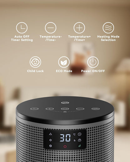 Heizlüfter Energiesparend, 1500W Elektroheizung PTC-Keramik Heizung, 4 Modi Tragbare Heizstrahler mit Thermostat, Überhitzung & Tip Over Schutz, 8H Timer, für Indoor