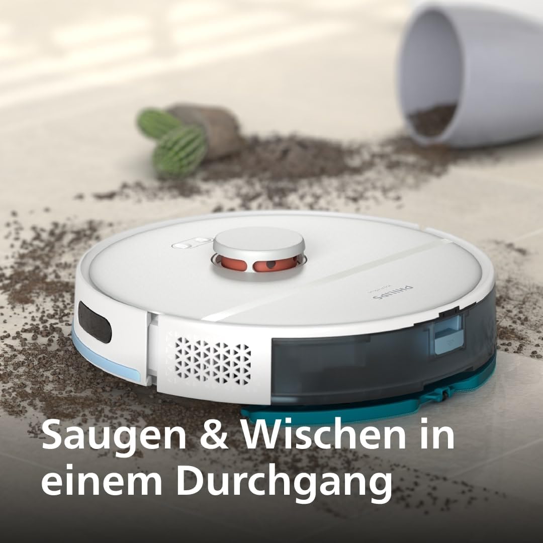 Philips Homerun Serie 2000: 2-in-1 Saug- und Wischroboter, 130 Minuten Laufzeit, Lasernavigation, Teppichboost, Absaugstation, App-gesteuert, Arktikweiß (XU2100/20), Arctic White
