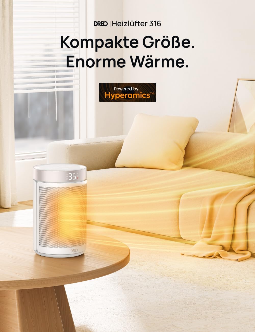 Dreo Energiesparender Heizlüfter, 34 dB Leiser 1500W Elektrischer PTC Keramik, Thermostat, Überhitzungs- & Kippschutz, 12 Std. Timer, Elektroheizung für Räume Schlafzimmer, Atom 316, Gold