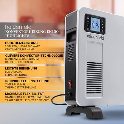 Heidenfeld Konvektor Heizung elektrisch EK100 | 𝟑 𝐉𝐀𝐇𝐑𝐄 𝐆𝐀𝐑𝐀𝐍𝐓𝐈𝐄 - 2300 Watt - Fernbedienung - Heizkörper - Elektroheizung - Standheizung - Wandheizung - Wandkonvektor - Bis 𝟒𝟎 m²