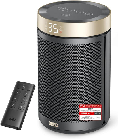 Dreo Energiesparender Heizlüfter, 34 dB Leiser 1500W Elektrischer PTC Keramik, Thermostat, Überhitzungs- & Kippschutz, 12 Std. Timer, Elektroheizung für Räume Schlafzimmer, Atom 316, Gold