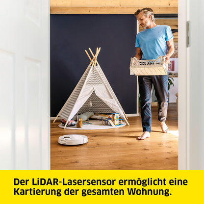 Kärcher Saugroboter RCV 3 mit Wischfunktion, smarte App-Steuerung, LiDAR-Laser-Navigation, Kartierung, Raum- und Hinderniserkennung, 2500 Pa, 120 min Laufzeit, für Hartböden und Teppiche, Weiss
