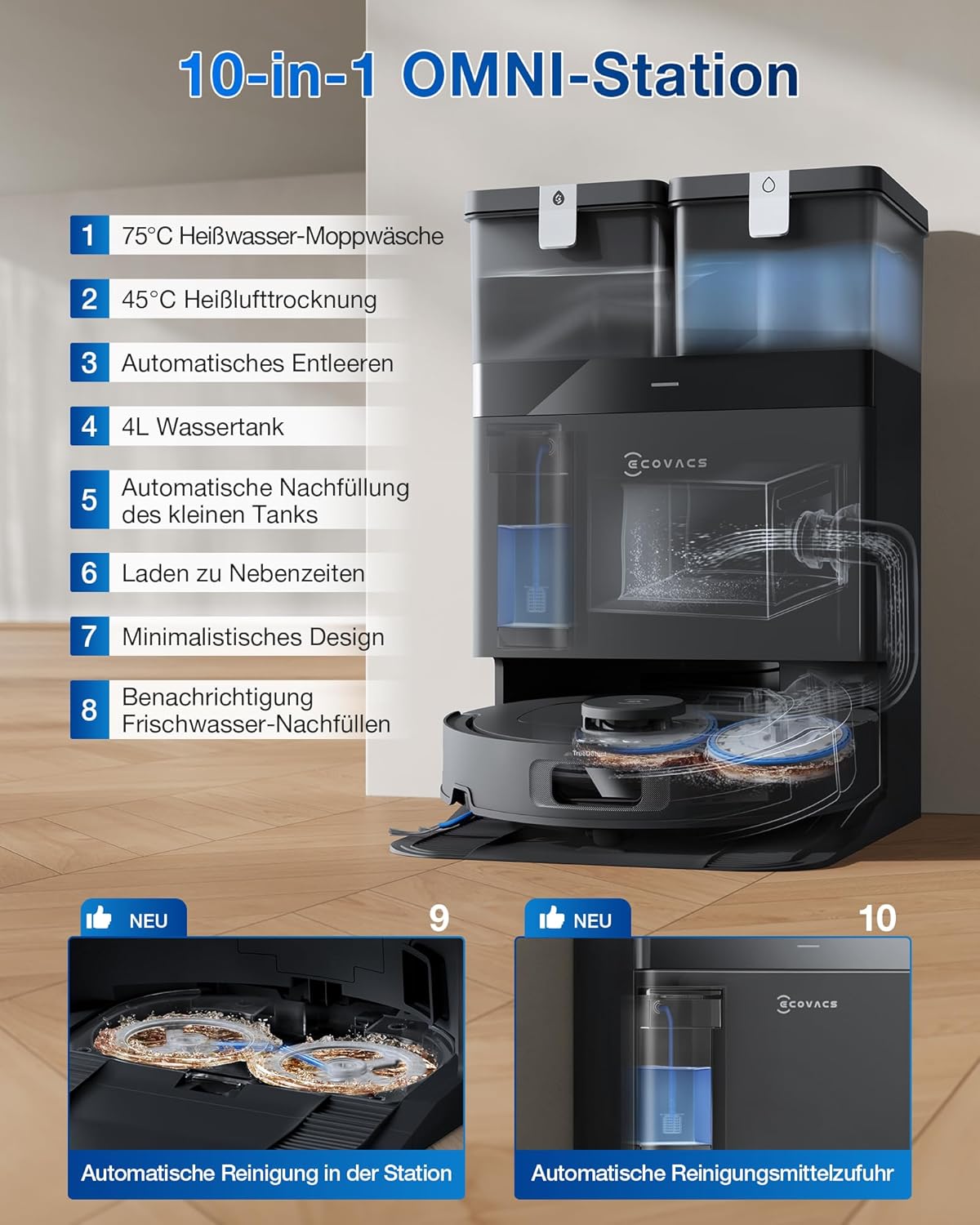 ECOVACS DEEBOT T30C Omni, Saugroboter mit Wischfunktion, 20.000 Pa, OZMO Turbo 2.0 Wischen, ZeroTangle 3.0 Anti-Verheddern, TruEdge 2.0 Kantenreinigung, All-in-One-Station, 75°C Moppwäsche, Schwarz