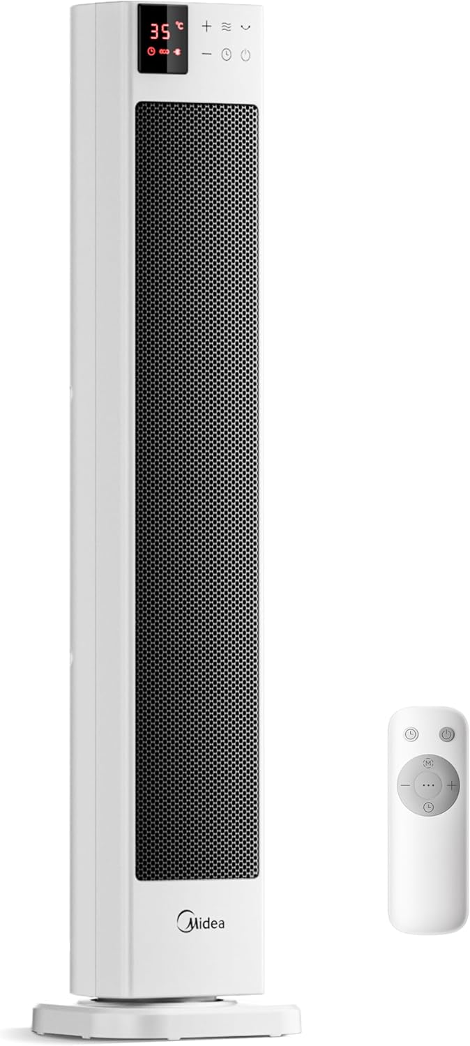 Midea NTH20-22ER(WH) Heizlüfter Energiesparend Leise mit Fernbedienung,PTC 2000 Watt Keramik Heizlüfter mit Thermostat, 2 Heizstufen, 24H Timer, ECO-Modus，für große Räume, 75°-Oszillation, 58CM, Weiß