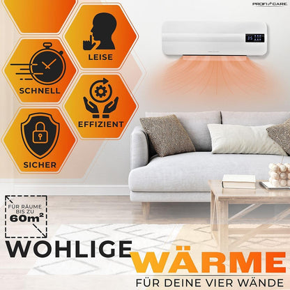 ProfiCare® Wand Heizlüfter mit Fenster-Offen-Erkennung | Heizkörper für bis zu 60qm | Elektroheizung für Wandmontage inkl. Montagematerial | Heizung mit 1,5m Kabel, Fernbedienung & Timer | PC HL 3116