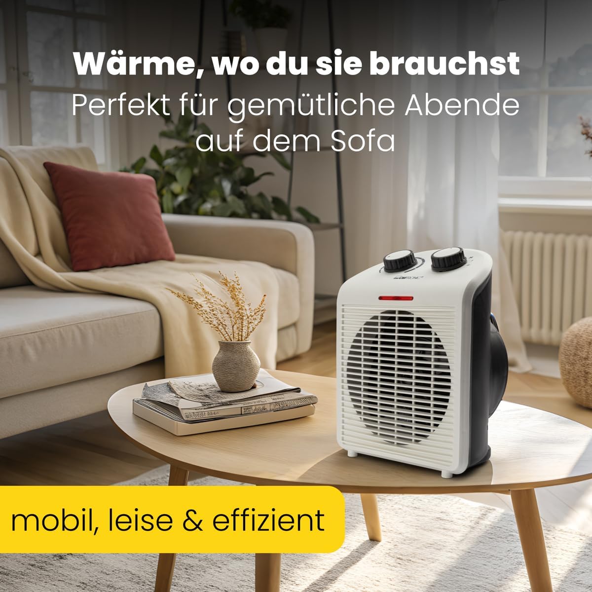 Clatronic HL 3761 263951 Heizlüfter, mobiler & kompakter Heizlüfter, 2 Heizstufen (1000/2000 W), Kaltstufe (Ventilator), stabiler Tragegriff, weiß