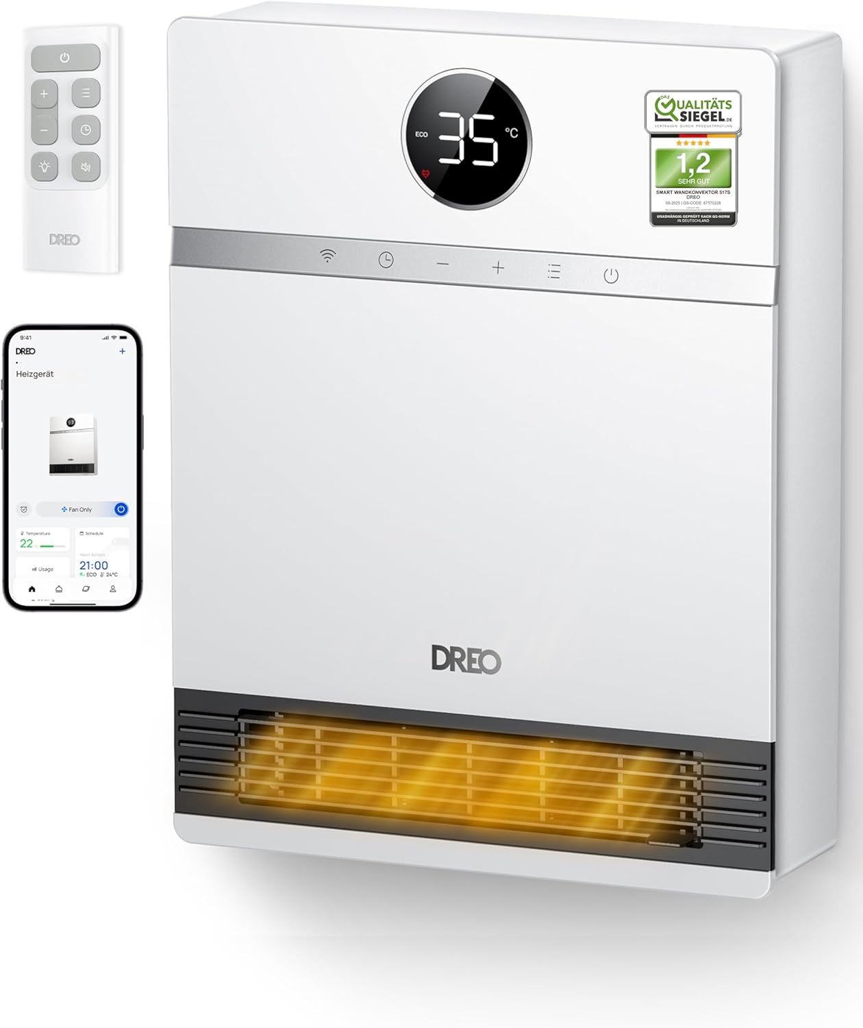 Dreo Smart Wandkonvektor, 30° Lüfterauslass, 2000W, einstellbarer Thermostat, Fernbedienung, Wochentimer, einfach zu montierende Heizung für den Innenbereich, kompatibel mit Alexa