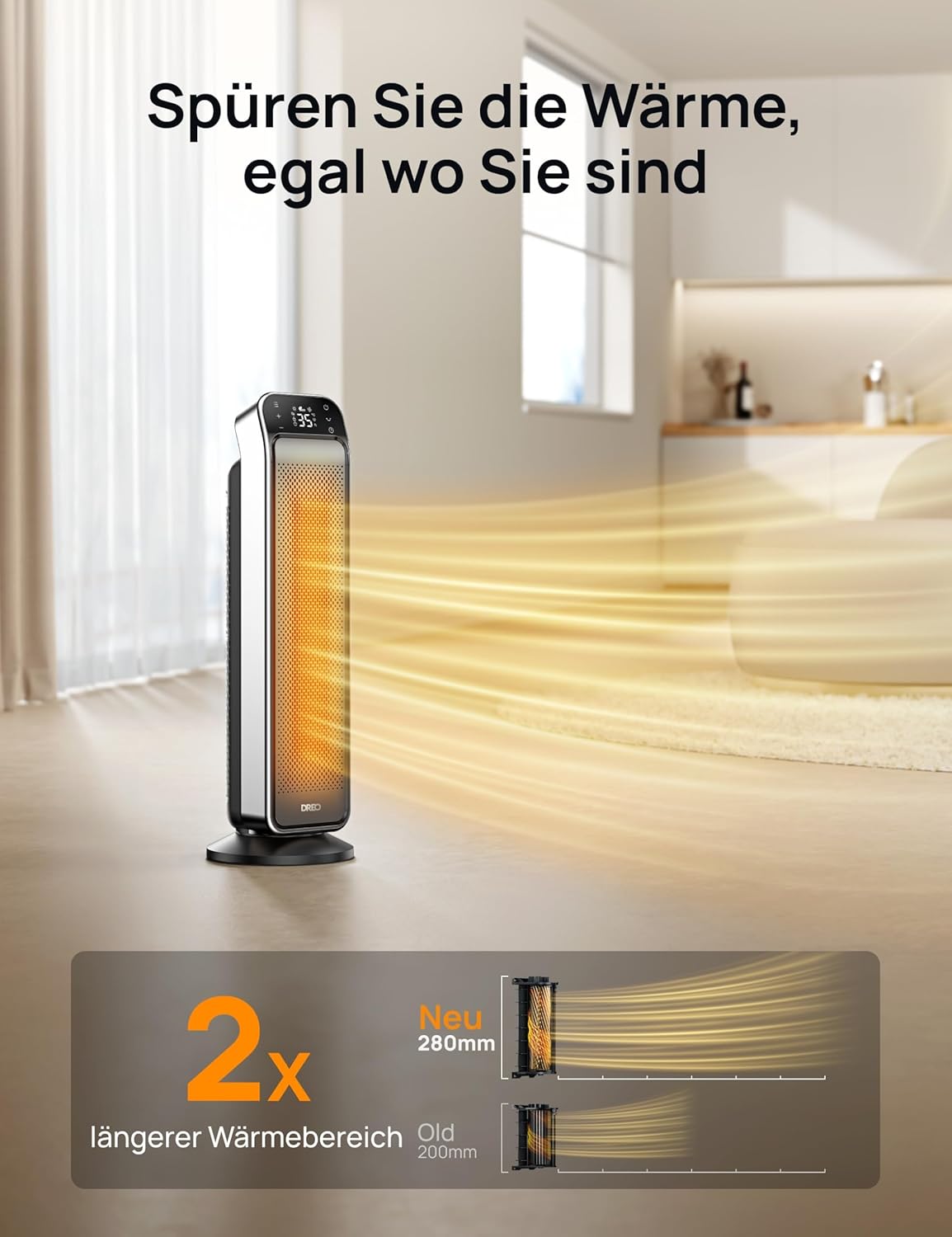 Dreo Heizlüfter Energiesparend Leise, 25 Zoll Keramik Heizung Elektrisch mit Fernbedienung und Thermostat, 2000W Elektroheizung, 3 Modus, 12-Std-Timer, Überhitzungs-Kippschutz, Solaris Max