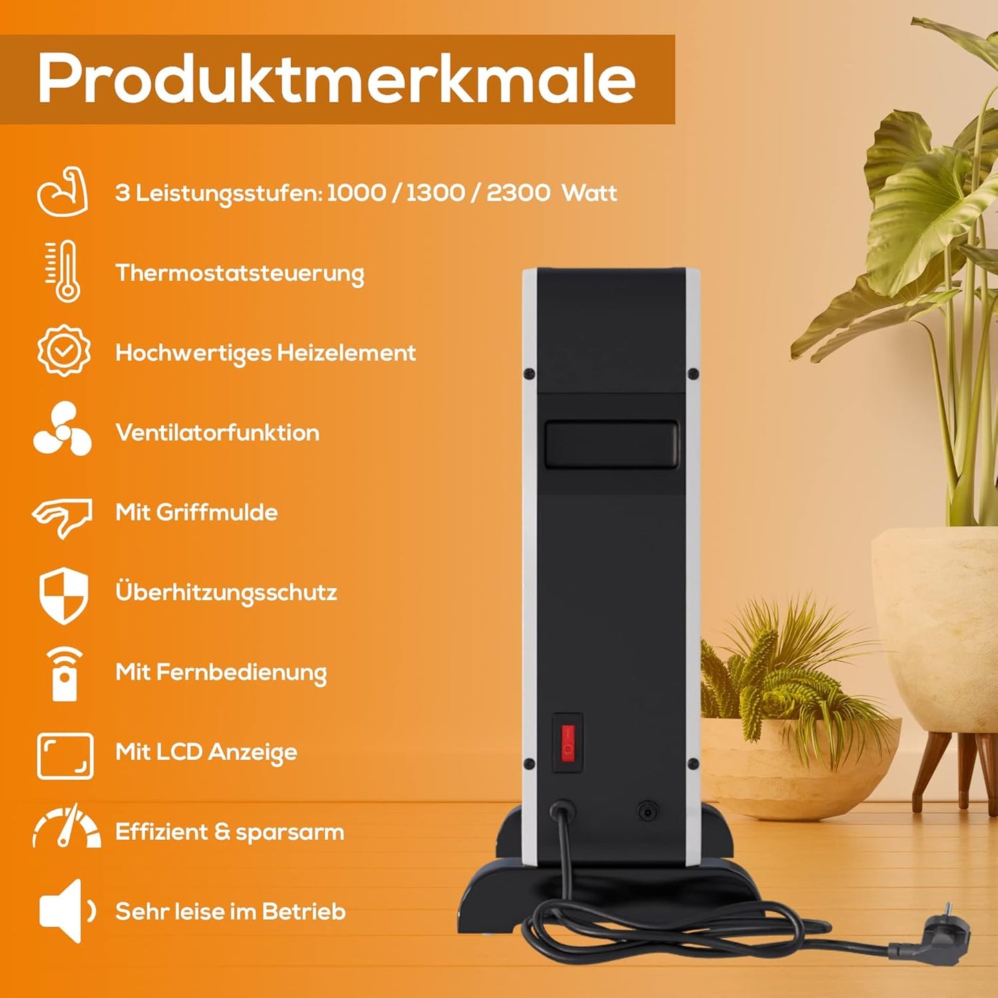 Tronitechnik® Elektroheizer Konvektor Heizgerät Heizkörper mit 3 Leistungsstufen 750/1250/2000 Watt, mobil mit Tragegriff, Timer und Thermostatsteuerung, Überhitzungsschutz, freistehend, weiß