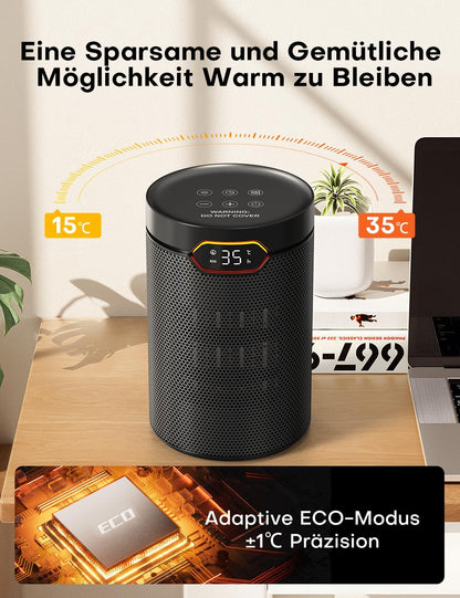 Heizlüfter, 1500W, PTC Heizlüfter Energiesparend mit ECO Modus, 4 Heizmodi, Breeze Modus, Thermostat, 24H Timer, Fernbedienung, Überhitzungs- & Kippschutz, Tragbar & Leise, für Zuhause, Büro