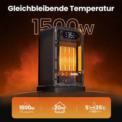 Heizlüfter Energiesparend, 1500W PTC Keramik Heizlüfter, Tragbarer Heizlüfter mit Thermostat & ECO-Modus, 2-in-1-Heizlüfter, Digitalanzeige, 12-Std.-Timer, 35dB leiser Elektroheizung- Schwarz