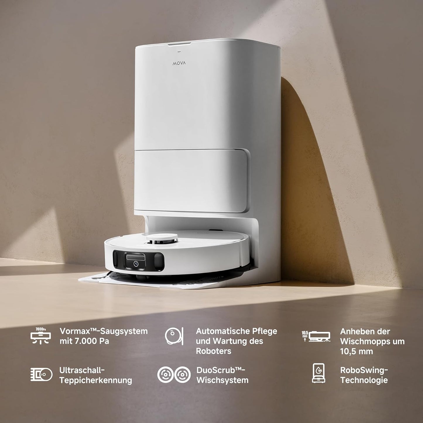 Mova E40 Ultra Saugroboter mit Wischfunktion, Autom. Leerung und 19.000 Pa, MaxiReach-Wischmopp-T., Verhedderungsfreie Seitenbürste, Eingeb. 80-ml-Wasserb, All-in-One-Station zu 75 Tage Reinigung