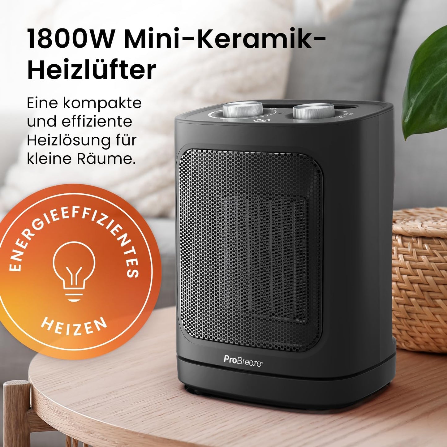 Pro Breeze 2000W Mini Heizlüfter Energiesparend Leise Elektroheizung 3 Heizstufen. Keramik Heizlüfter. Betrieb im Büro, Wohnzimmer, Schlafzimmer oder Terasse – Weiß