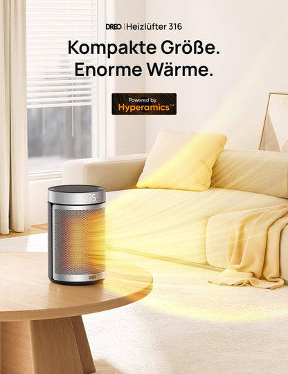 Dreo Energiesparender Heizlüfter, 34 dB Leiser 1500W Elektrischer PTC Keramik, Thermostat, Überhitzungs- & Kippschutz, 12 Std. Timer, Elektroheizung für Räume Schlafzimmer, Atom 316, Gold