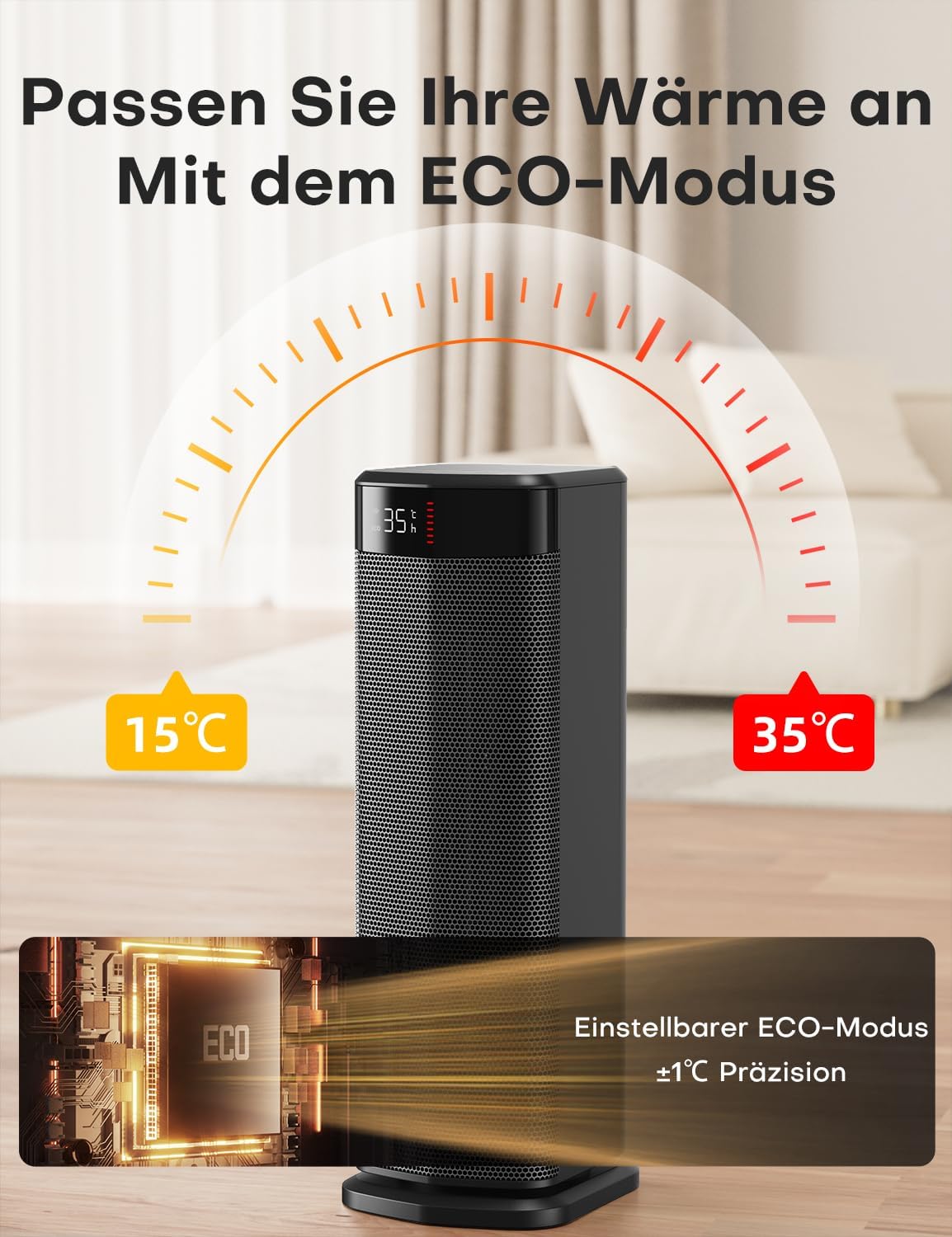 Heizlüfter, 2000W PTC Heizlüfter Energiesparend, 4 Modi, ECO-Modu, Thermostat, 90°-Oszillation, 24H Timer, Fernbedienung, Kipp- und Überhitzungsschutz für Innenräume