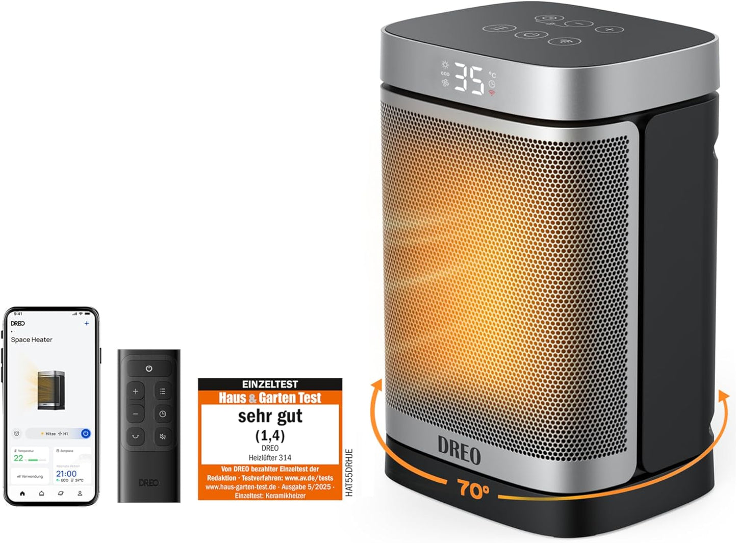 Dreo Heizlüfter Energiesparend Klein, 1500W Heizung Elektrisch mit Thermostat, 70° Oszillierend Elektroheizung, PTC Keramik Heizlüfter Leise, ECO-Modus, 12-Std-Timer, Überhitzungs- & Kippschutz