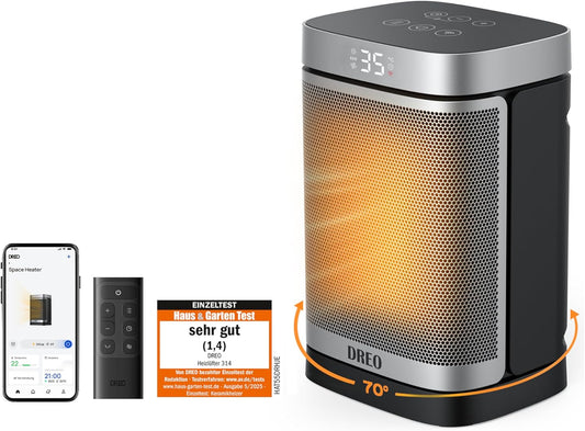 Dreo Heizlüfter Energiesparend Klein, 1500W Heizung Elektrisch mit Thermostat, 70° Oszillierend Elektroheizung, PTC Keramik Heizlüfter Leise, ECO-Modus, 12-Std-Timer, Überhitzungs- & Kippschutz