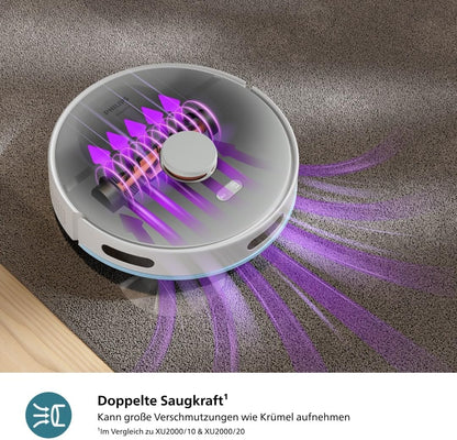 Philips Homerun Serie 2000: 2-in-1 Saug- und Wischroboter, 130 Minuten Laufzeit, Lasernavigation, Teppichboost, Absaugstation, App-gesteuert, Arktikweiß (XU2100/20), Arctic White