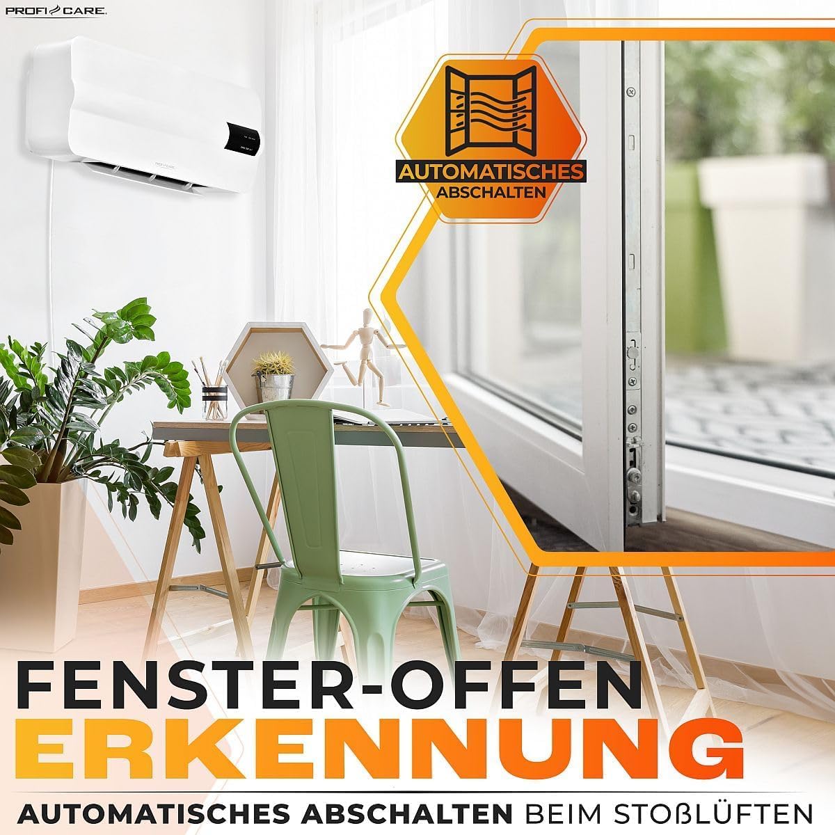 ProfiCare® Wand Heizlüfter mit Fenster-Offen-Erkennung | Heizkörper für bis zu 60qm | Elektroheizung für Wandmontage inkl. Montagematerial | Heizung mit 1,5m Kabel, Fernbedienung & Timer | PC HL 3116