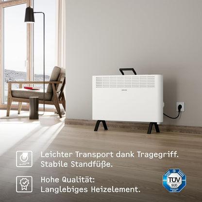 STIEBEL ELTRON Elektroheizung Standgerät für ca. 25 m², TÜV geprüft, Konvektor-Heizung mit einfacher Regelung, 2 kW, energiesparend, Rollen, 204450