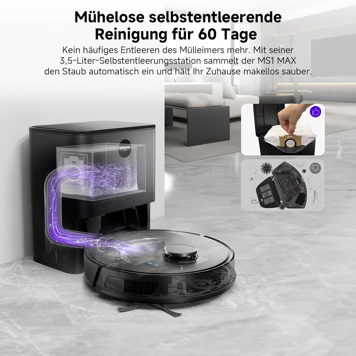 MONSGA Saugroboter mit Wischfunktion, 3.5L Staubsauger Roboter mit Absaugstation, 5000Pa Saugkraft,180Min Laufzeit, LiDAR Navigation, Starke Saugkraft ideal für Teppich und Tierhaare, APP Steuerung
