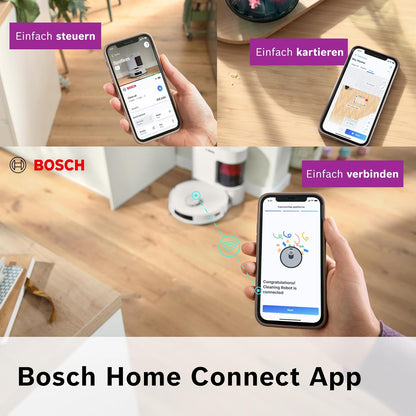 Bosch Spotless + BCRD1W Saugroboter mit Wischfunktion, 11.000 Pa Saugkraft, Wischpad, Trocken-Servicestation, Smart Vision Navigation mit Infrarot-Licht, Steuerung per App, weiß