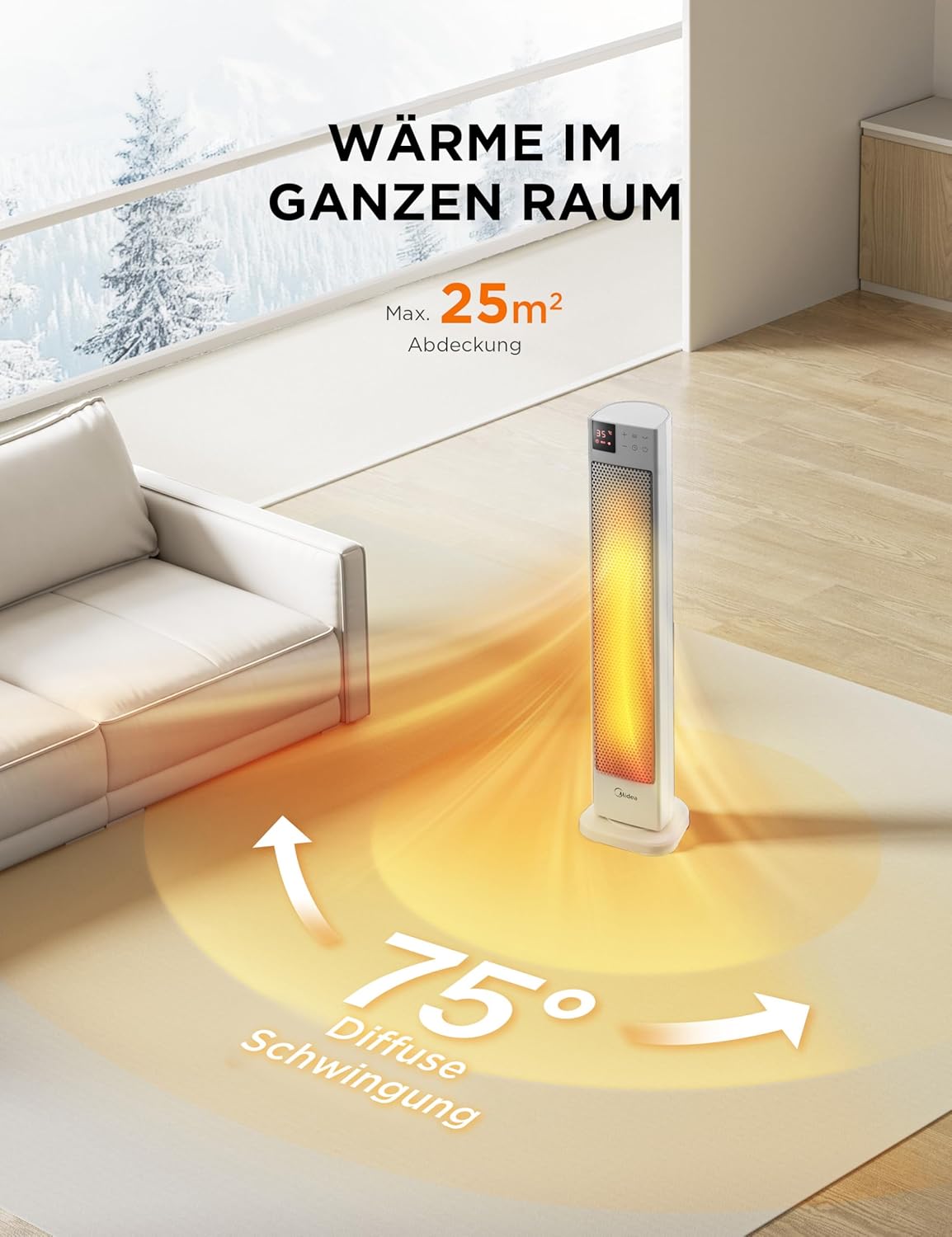 Midea NTH20-22ER(WH) Heizlüfter Energiesparend Leise mit Fernbedienung,PTC 2000 Watt Keramik Heizlüfter mit Thermostat, 2 Heizstufen, 24H Timer, ECO-Modus，für große Räume, 75°-Oszillation, 58CM, Weiß