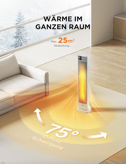 Midea NTH20-22ER(WH) Heizlüfter Energiesparend Leise mit Fernbedienung,PTC 2000 Watt Keramik Heizlüfter mit Thermostat, 2 Heizstufen, 24H Timer, ECO-Modus，für große Räume, 75°-Oszillation, 58CM, Weiß