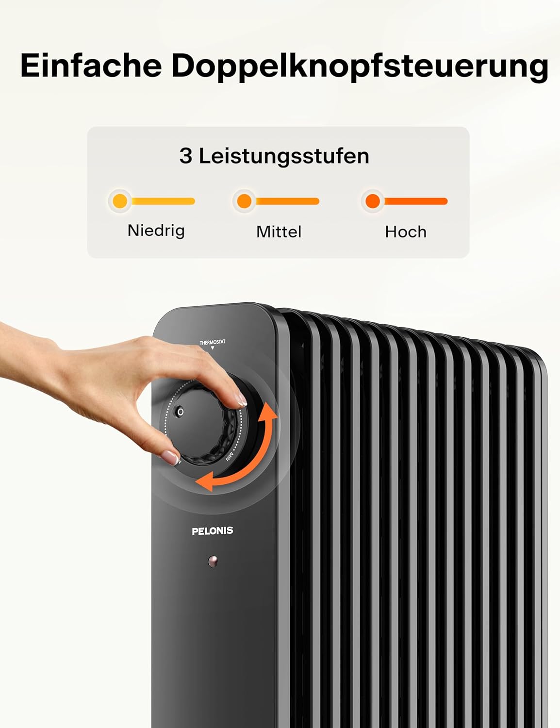 PELONIS Ölradiator 2300W mit J-förmigen Lamellen, Ölgefüllter Heizkörper mit 3 Heizstufen & Thermostat, Leiser Elektroheizer mit Kippschutz, Energieeffizient A für Schlafzimmer, Wohnzimmer, Büro