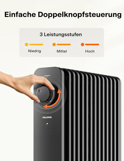PELONIS Ölradiator 2300W mit J-förmigen Lamellen, Ölgefüllter Heizkörper mit 3 Heizstufen & Thermostat, Leiser Elektroheizer mit Kippschutz, Energieeffizient A für Schlafzimmer, Wohnzimmer, Büro