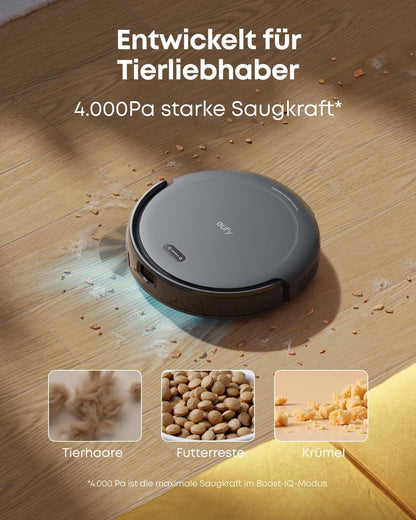 eufy C10 Saugroboter mit Automatischer Absaugstation, 7,3cm Ultraflaches Design, Teppichreinigung, Ausfahrbare Seitenbürste für Ecken, Automatische Entleerung, Punktlaser- & Infrarot-Navigation