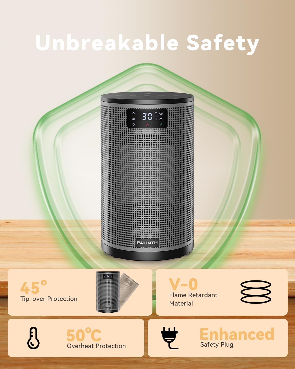 Heizlüfter Energiesparend, 1500W Elektroheizung PTC-Keramik Heizung, 4 Modi Tragbare Heizstrahler mit Thermostat, Überhitzung & Tip Over Schutz, 8H Timer, für Indoor