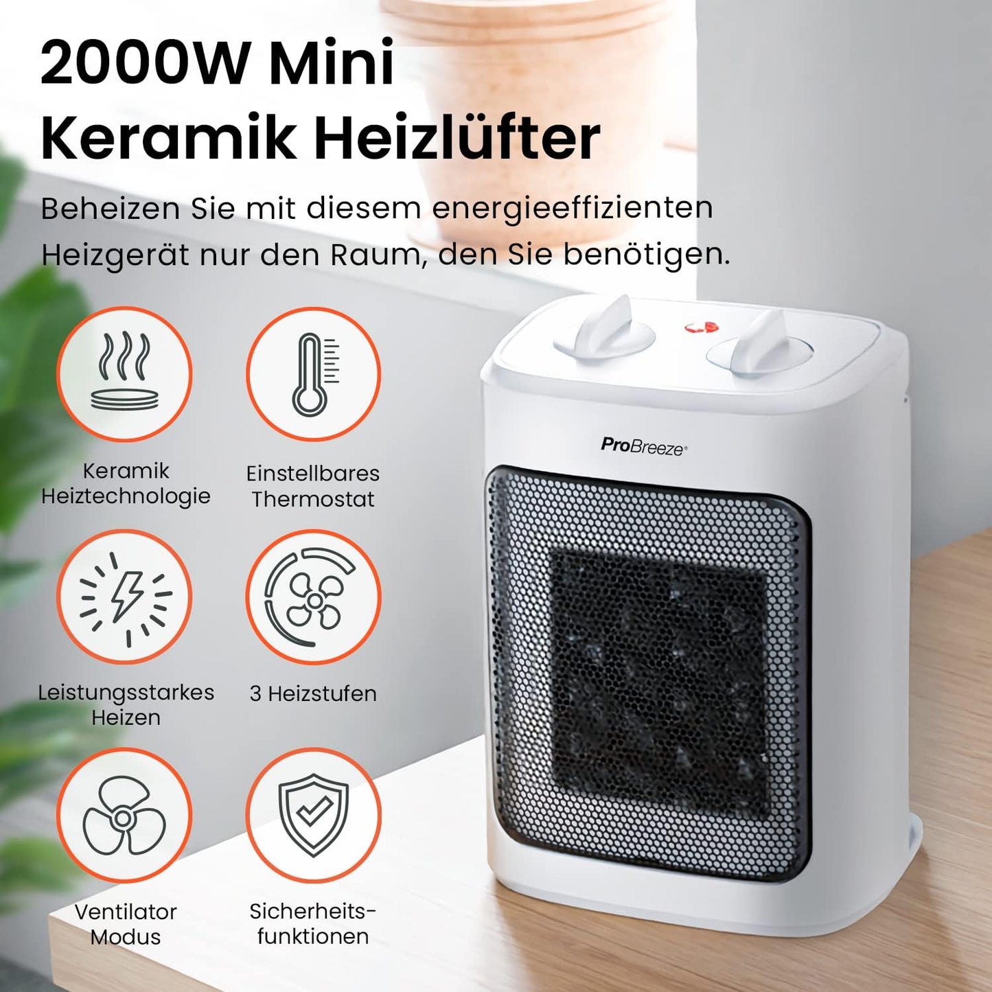 Pro Breeze 2000W Mini Heizlüfter Energiesparend Leise Elektroheizung 3 Heizstufen. Keramik Heizlüfter. Betrieb im Büro, Wohnzimmer, Schlafzimmer oder Terasse – Weiß