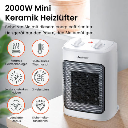 Pro Breeze 2000W Mini Heizlüfter Energiesparend Leise Elektroheizung 3 Heizstufen. Keramik Heizlüfter. Betrieb im Büro, Wohnzimmer, Schlafzimmer oder Terasse – Weiß