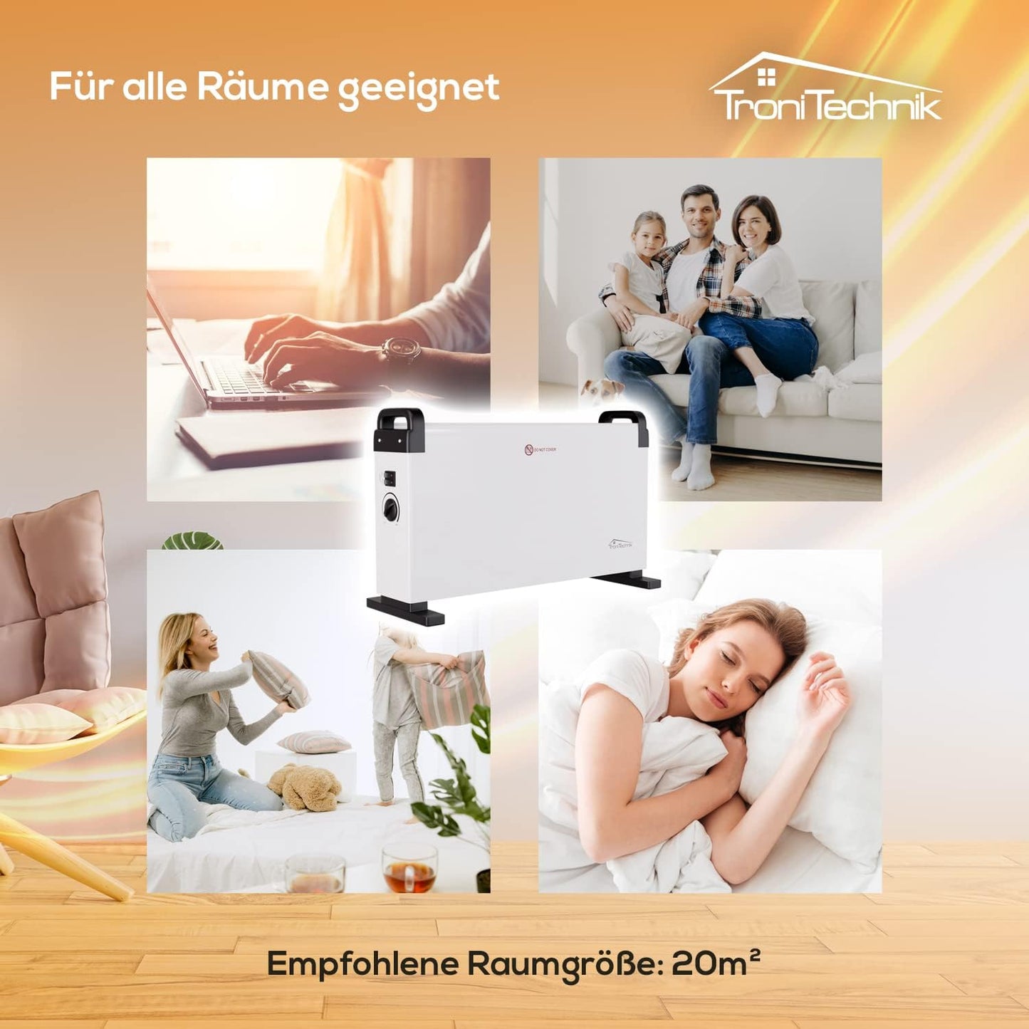 Tronitechnik® Elektroheizer Konvektor Heizgerät Heizkörper mit 3 Leistungsstufen 750/1250/2000 Watt, mobil mit Tragegriff, Timer und Thermostatsteuerung, Überhitzungsschutz, freistehend, weiß