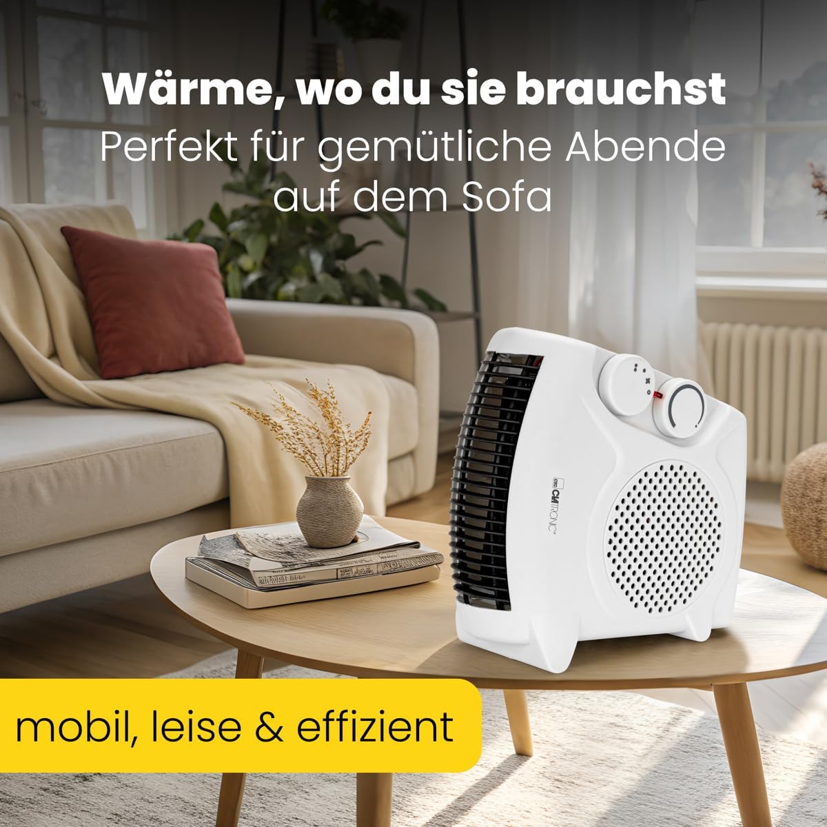 Clatronic HL 3761 263951 Heizlüfter, mobiler & kompakter Heizlüfter, 2 Heizstufen (1000/2000 W), Kaltstufe (Ventilator), stabiler Tragegriff, weiß